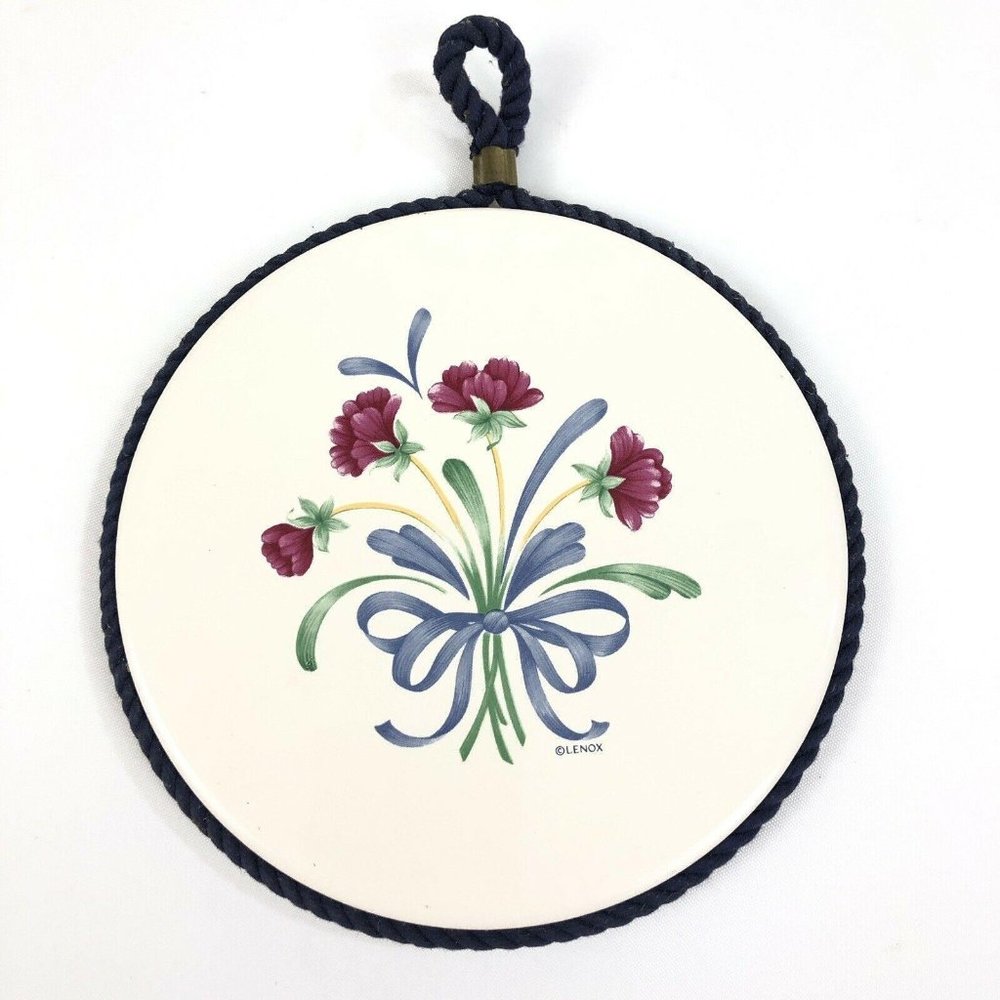 Lenox Poppies On Blue Trivet Round Hot Pad Ceramic Cork Back Trim For Hanging